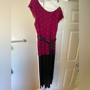 Burgundy color jumpsuit with attached black pants